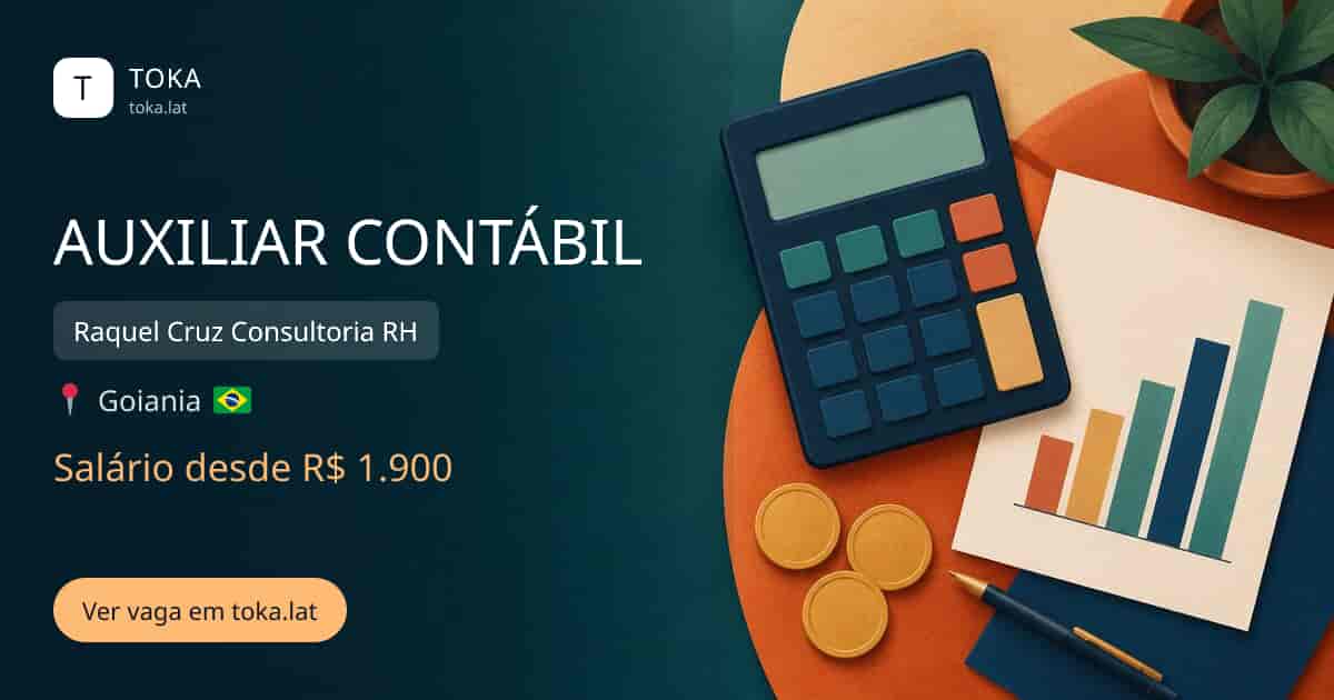 Vaga de Auxiliar contábil em Goiania, Brasil — Raquel Cruz Consultoria RH, salário desde R$ 1.900